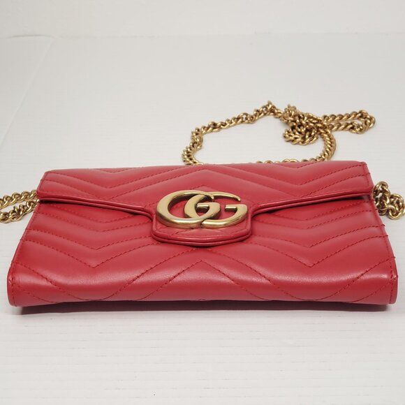 Gucci Marmont Red Chevron Gold Chain Clutch Crossbody Bag 550-100525 - Picture 7 of 16